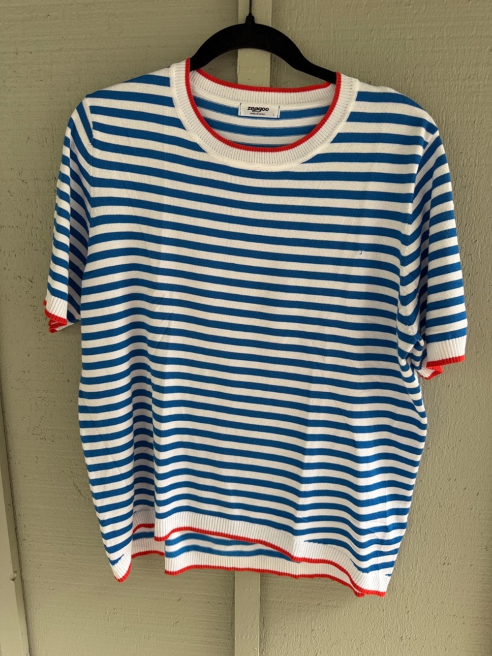 zeagoo Blue and White Striped Knit Top with Red Trim